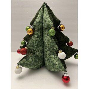 Vintage 3D Stuffed Fabric Christmas Tree Hand Crafted Plush 11” Glass Ornaments